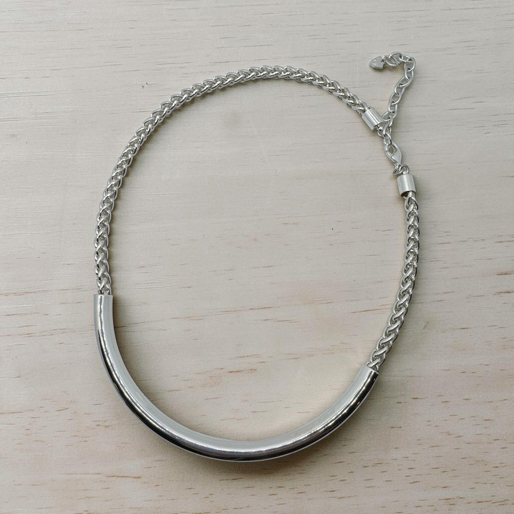 Silver Tone Minimalist Curved Tube Bar Wheat Chain Collar Necklace Adjustable